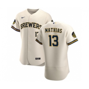Men's Nike Milwaukee Brewers #13 Mark Mathias Cream Home 2020 Authentic Player Baseball Jersey