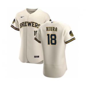 Men's Nike Milwaukee Brewers #18 Keston Hiura Cream Home 2020 Authentic Player Baseball Jersey