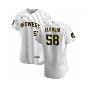 Men's Nike Milwaukee Brewers #58 Alex Claudio White Home 2020 Authentic Player Baseball Jersey