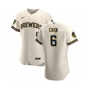 Men's Nike Milwaukee Brewers #6 Lorenzo Cain Cream Home 2020 Authentic Player Baseball Jersey