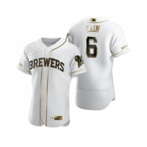 Men's Nike Milwaukee Brewers #6 Lorenzo Cain White 2020 Authentic Golden Edition Baseball Jersey
