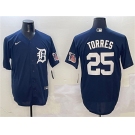 Men's Detroit Tigers #25 Gleyber Torres Navy With Patch Cool Base Stitched Baseball Jersey