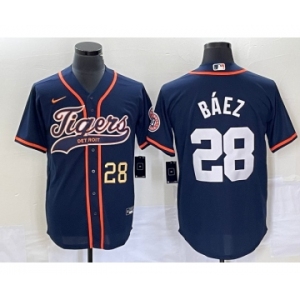 Men's Detroit Tigers #28 Javier Baez Number Navy Blue Cool Base Stitched Baseball Jersey