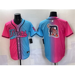 Men's Detroit Tigers Team Big Logo Pink Blue Limited Stitched Baseball Jersey
