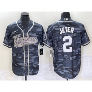 Men's New York Yankees #2 Derek Jeter Grey Camo Cool Base With Patch Stitched Baseball Jersey