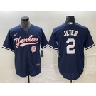 Men's New York Yankees #2 Derek Jeter Navy With Patch Cool Base Stitched Baseball Jersey