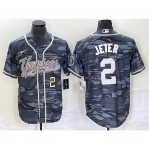 Men's New York Yankees #2 Derek Jeter Number Grey Camo Cool Base With Patch Stitched Baseball Jersey