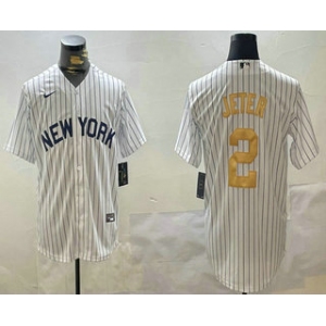 Men's New York Yankees #2 Derek Jeter White Pinstripe Name Fashion Cool Base Jersey
