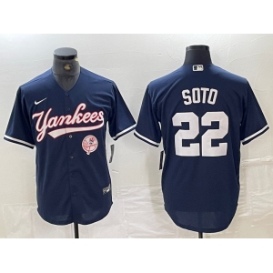 Men's New York Yankees #22 Juan Soto Navy With Patch Cool Base Stitched Baseball Jersey