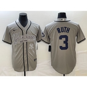 Men's New York Yankees #3 Babe Ruth Gray With Patch Cool Base Stitched Baseball Jersey