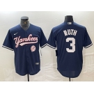 Men's New York Yankees #3 Babe Ruth Navy With Patch Cool Base Stitched Baseball Jersey