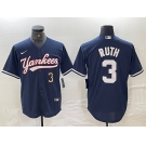 Men's New York Yankees #3 Babe Ruth Number Navy Cool Base Stitched Baseball Jersey