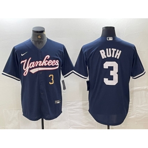 Men's New York Yankees #3 Babe Ruth Number Navy Cool Base Stitched Baseball Jersey