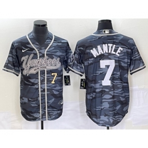 Men's New York Yankees #7 Mickey Mantle Number Grey Camo Cool Base With Patch Stitched Baseball Jersey