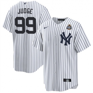 Men's New York Yankees #99 Aaron Judge White 2024 World Series With Name Cool Base Stitched Baseball Jersey