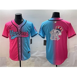 Men's New York Yankees Team Big Logo Pink Blue Limited Stitched Baseball Jersey