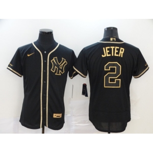 Nike Men's New York Yankees #2 Derek Jeter Black Retro Gold font Fashion Flex Base Authentic Baseball Jersey