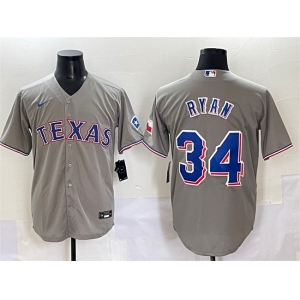 Men's Texas Rangers #34 Nolan Ryan Grey With Patch Cool Base Stitched Baseball Jersey