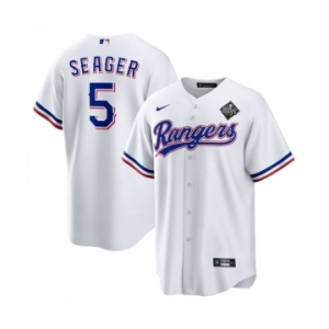 Men's Texas Rangers #5 Corey Seager White 2023 World Series Stitched Baseball Jersey