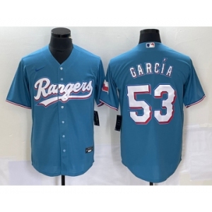 Men's Texas Rangers #53 Adolis Garcia Light Blue With Patch Cool Base Stitched Baseball Jersey