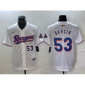 Men's Texas Rangers #53 Adolis Garcia Number White 2023 World Series Champions Cool Base Jersey