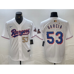 Men's Texas Rangers #53 Adolis Garcia Number White 2023 World Series Champions Cool Base Jerseys