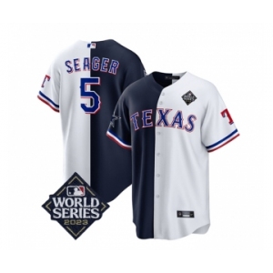 Men's Texas Rangers & Cowboys #5 Corey Seager Navy White 2023 World Series Splite Stitched Baseball Jersey