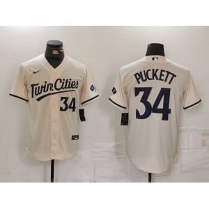 Men's Minnesota Twins #34 Kirby Puckett Number Cream Cool Base Stitched Jersey