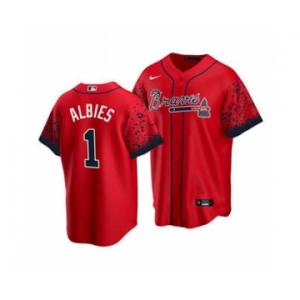 Men's Atlanta Braves #1 Ozzie Albies 2021 City Connect Red Cool Base Stitched Baseball Jersey