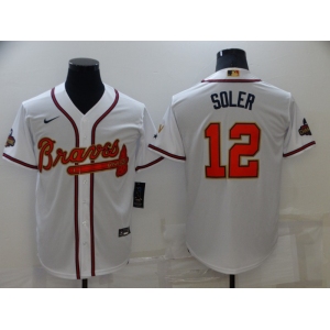 Men's Atlanta Braves #12 Jorge Soler 2022 White Gold World Series Champions Program Cool Base Stitched Baseball Jersey