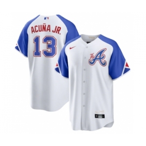 Men's Atlanta Braves #13 Ronald Acuña Jr. White 2023 City Connect Cool Base Stitched Baseball Jersey