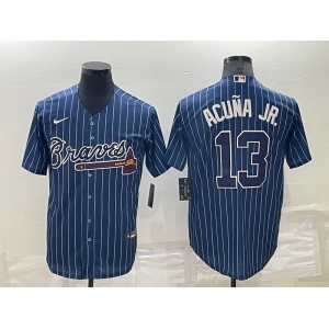 Men's Atlanta Braves #13 Ronald Acuna Jr Navy Blue Pinstripe Stitched MLB Cool Base Nike Jersey