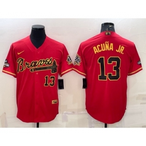 Men's Atlanta Braves #13 Ronald Acuna Jr Red Gold World Series Champions Program Cool Base Stitched Baseball Jersey