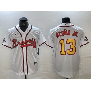 Men's Atlanta Braves #13 Ronald Acuna Jr White Gold 2021 World Series Champions Stitched Cool Base Jersey