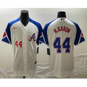 Mens Atlanta Braves #44 Hank Aaron Number White 2023 City Connect Cool Base Stitched Jersey