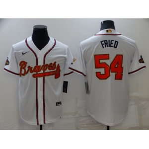 Men's Atlanta Braves #54 Max Fried 2022 White Gold World Series Champions Program Cool Base Stitched Baseball Jersey