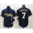 Men's Atlanta Braves #7 Dansby Swanson Navy Blue 2021 World Series Champions Golden Edition Stitched Cool Base Nike Jersey