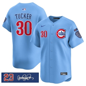 Men's Chicago Cubs #30 Kyle Tucker Blue 'Ryne Sandberg Tribute' Vapor Limited V3 Stitched Baseball Jersey