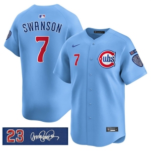 Men's Chicago Cubs #7 Dansby Swanson Blue 'Ryne Sandberg Tribute' Vapor Limited V3 Stitched Baseball Jersey