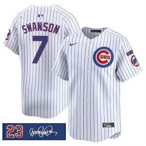 Men's Chicago Cubs #7 Dansby Swanson White Pinstripe 'Ryne Sandberg Tribute' Vapor Limited V3 Stitched Baseball Jersey