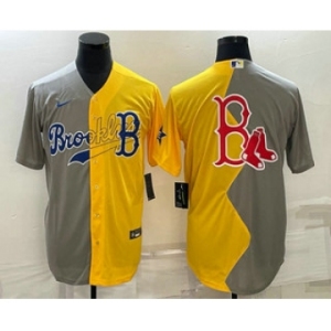 Men's Boston Red Sox Big Logo Grey Yellow Split Cool Base Stitched Jersey