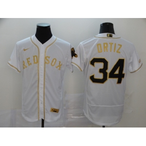 Nike Men's Boston Red Sox #34 David Ortiz White Gold Home Flex Base Authentic Collection Baseball Jersey