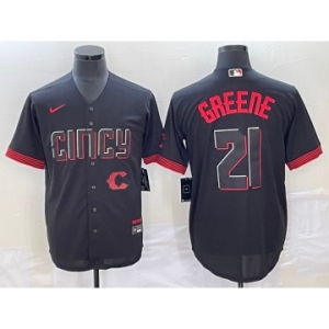 Men's Cincinnati Reds #21 Hunter Greene Black 2023 City Connect Cool Base Stitched Jersey