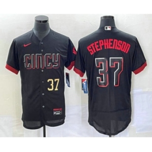 Men's Cincinnati Reds #37 Tyler Stephenson Number Black 2023 City Connect Flex Base Stitched Jersey 1