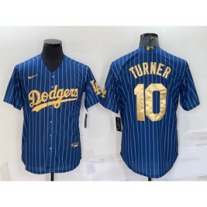 Men's Los Angeles Dodgers #10 Justin Turner Navy Blue Gold Pinstripe Stitched MLB Cool Base Nike Jersey