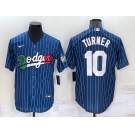 Men's Los Angeles Dodgers #10 Justin Turner Navy Blue Pinstripe 2020 World Series Cool Base Nike Jersey