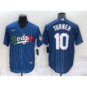 Men's Los Angeles Dodgers #10 Justin Turner Navy Blue Pinstripe 2020 World Series Cool Base Nike Jersey