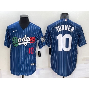 Mens Los Angeles Dodgers #10 Justin Turner Number Navy Blue Pinstripe 2020 World Series Cool Base Nike Jersey