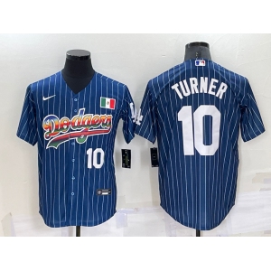 Men's Los Angeles Dodgers #10 Justin Turner Number Rainbow Blue Red Pinstripe Mexico Cool Base Nike Jersey