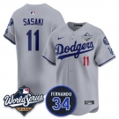 Men's Los Angeles Dodgers #11 Rōki Sasaki Gray 2025 World Series With No. 34 Patch Limited Stitched Jersey